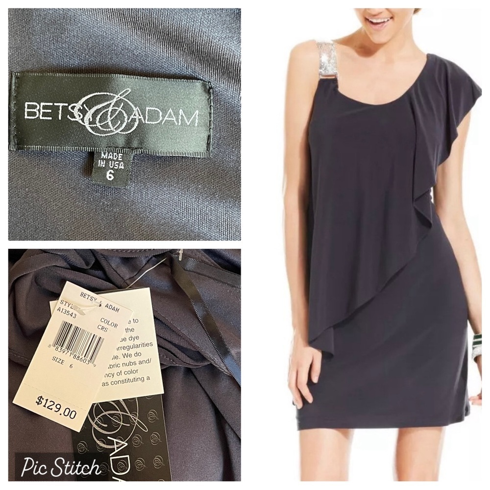 New! Betsy Adam Embelished One Shoulder
Black Dress size 6